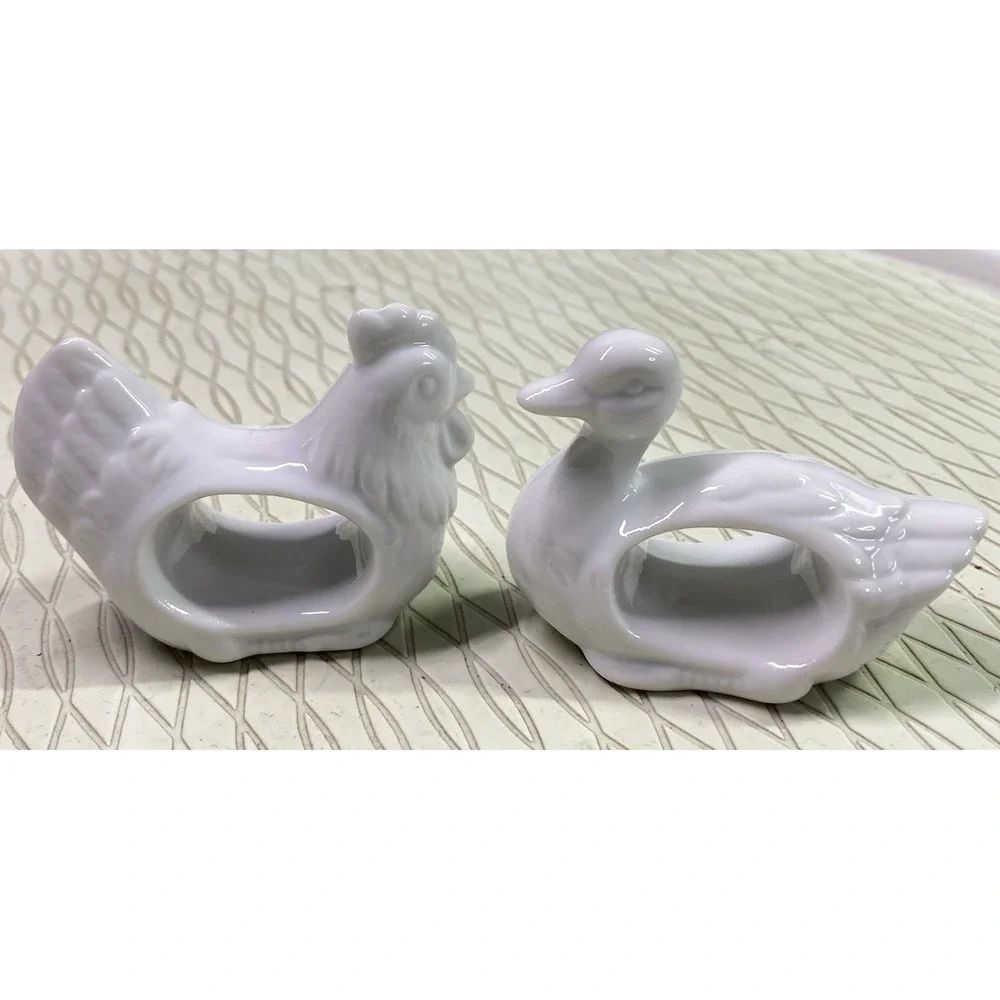 Farmhouse Vintage‎ Napkin Rings White Porcelain Animals Duck&Rooster Japan